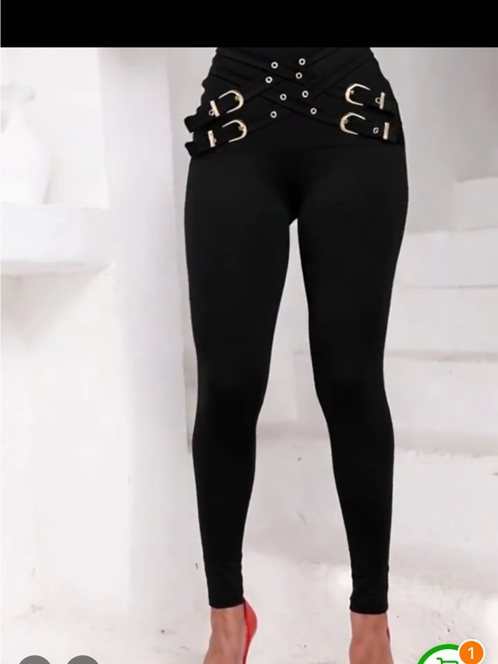 High-Rise Black Leggings with Gold Buckle Detail